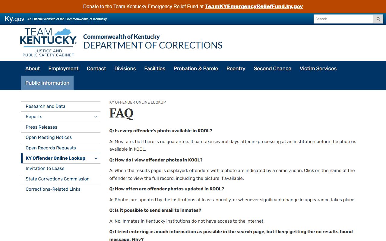 KOOL FAQ for Livingston County inmate records search fields and updates