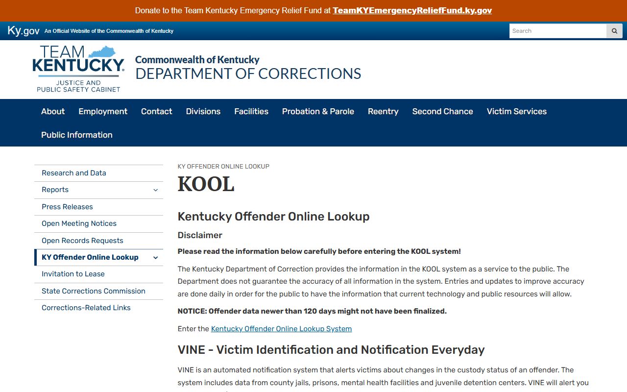 Kentucky KOOL entry page for Livingston County booking photo searches