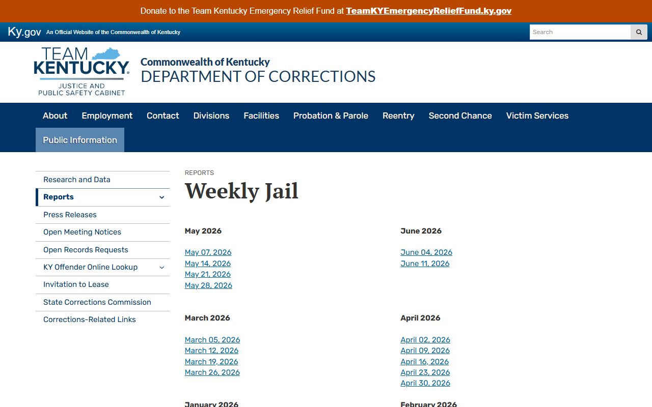 Kentucky DOC weekly jail reports for Livingston County inmate population research