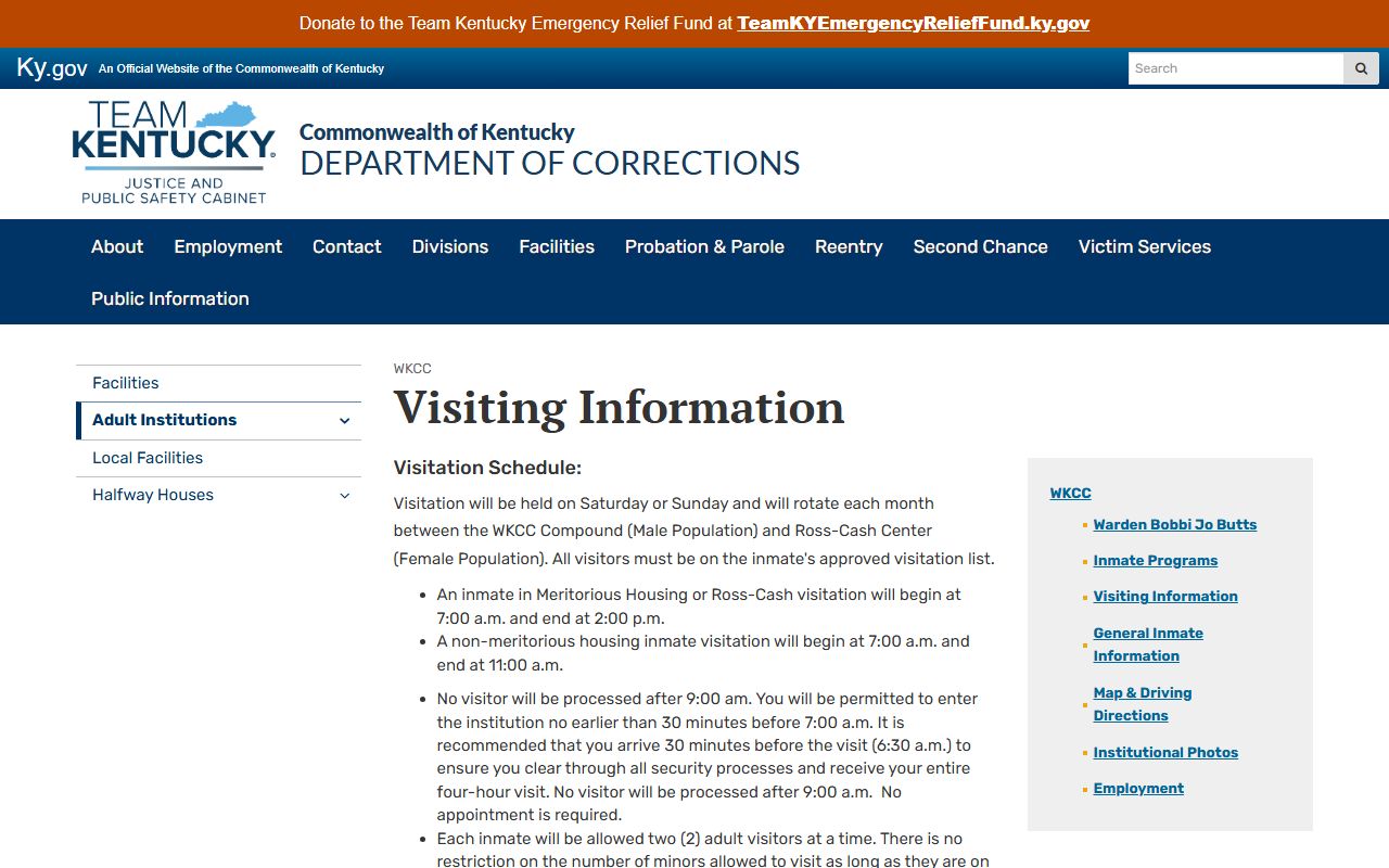 Western Kentucky Correctional Complex visiting information for inmate visits